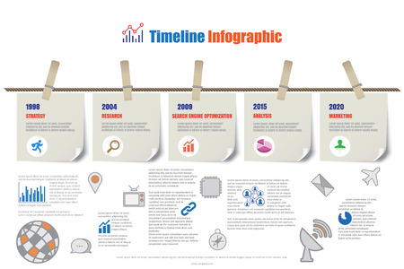Design template, Timeline Infographic report template hanging on a rope with clothespin, Vector illustrationのイラスト素材