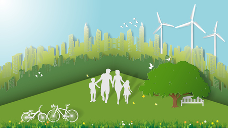 Green energy concepts, family are walking in city parks. Paper art vector illustrationのイラスト素材