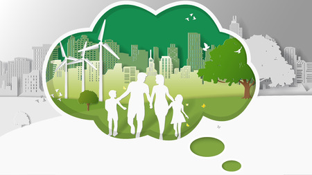 Green energy concepts, family are walking at city parks in thinking box. Paper art vector illustrationのイラスト素材