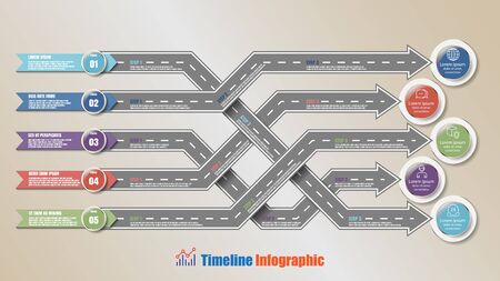 Modern timeline infographic with 5 options designed for template brochure diagram planning presentation process webpages workflow. Vector illustrationのイラスト素材