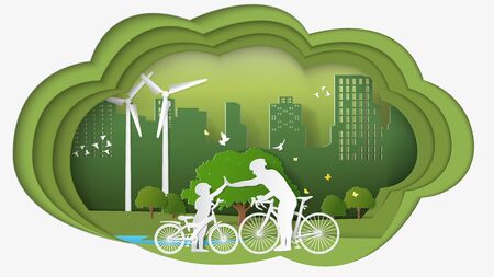 Green renewable energy ecology technology power saving environmentally friendly concepts dimension thinking, father son join hands cycling in parks. Paper folding art origami style vector illustrationのイラスト素材
