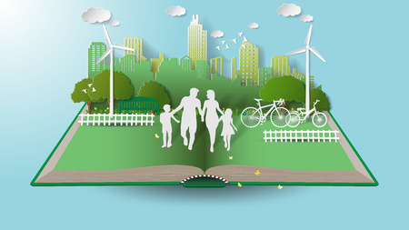 Paper folding art origami style vector illustration. Green renewable energy ecology technology power saving environmentally friendly concepts, family parent boy girl are walking in city parks on book.のイラスト素材