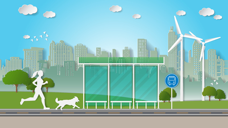 Paper folding art origami style vector illustration. Renewable energy ecology technology power saving environmentally friendly concepts. Woman, dog going to run through bus stop near green city parks.のイラスト素材