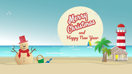 Sandy snowman on sea beach with house lighthouse palm trees and full moon.のイラスト素材