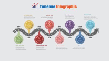 Road map business timeline infographic with 8 step pins designed for abstract background elements diagram planning process web pages digital technology data presentation chart. Vector illustrationのイラスト素材