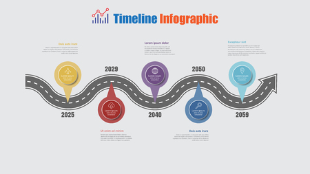 Road map business timeline infographic with 5 step pins designed for abstract background elements diagram planning process web pages digital technology data presentation chart. Vector illustrationのイラスト素材