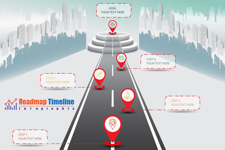 Business roadmap to goal on podium timeline infographic template with pointers designed for abstract background milestone diagram technology digital marketing data presentation Vector illustrationの写真素材