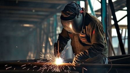 A welder is welding steel at a construction site.