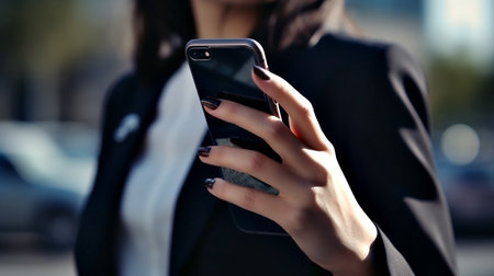 Mobile phone on the hand of a business woman.の写真素材