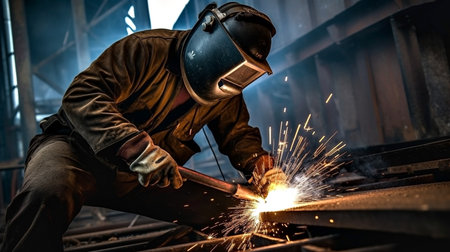 A welder is welding steel at a construction site.