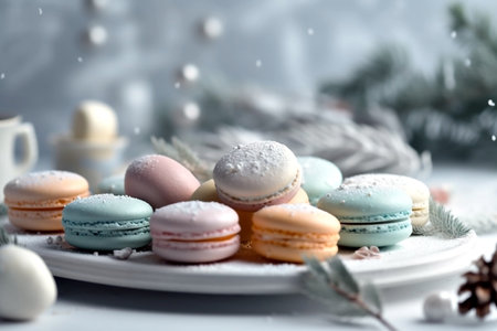 Macarons on a white plate.の写真素材
