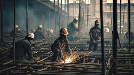 A welder is welding steel at a construction site.の写真素材