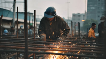 A welder is welding steel at a construction site.の写真素材