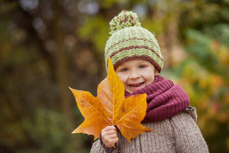 Boy with big leaf の写真素材