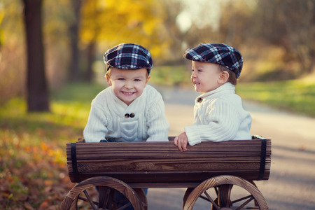 Two boys in a carriage in the park, smiling at the cameraの写真素材