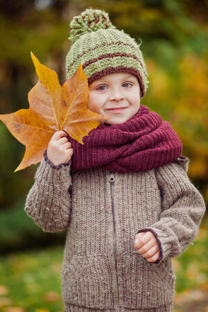 Boy with big leafの写真素材
