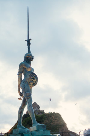 View of Damien Hirst's Verity at Ilfracombe harbour in Devonのeditorial素材