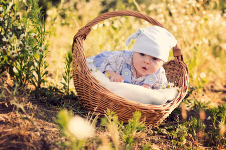 Adorable little baby boy with a hat in a basket, outdoorの写真素材