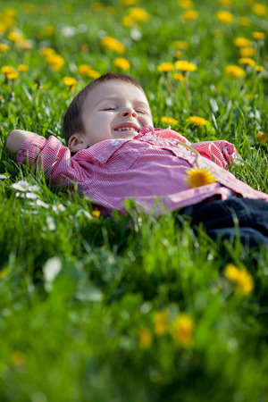Cute little boy in a dandelion field, having funの写真素材