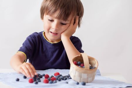 Child, sitting behind a table with raspberries and blueberries, eating them and playing with them, isolated on whiteの写真素材