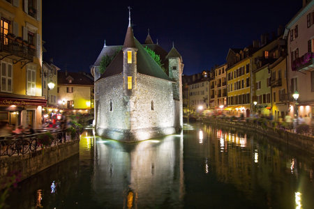Palais de l'isle, beautiful town square, busy at night, Annecy, Franceのeditorial素材