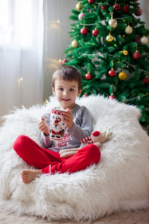 Cute boy, sitting on bean bag, drinking tea and enjoying Christmas holidays, Christmas decoration around himの写真素材