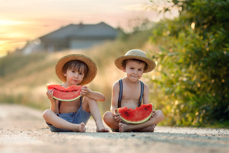 Two cute little boys, eating watermelon on a rural village path, summertimeの写真素材