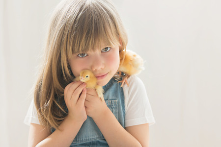 Young beautiful girl, playing with little newborn chick at home, isolated on whiteの写真素材