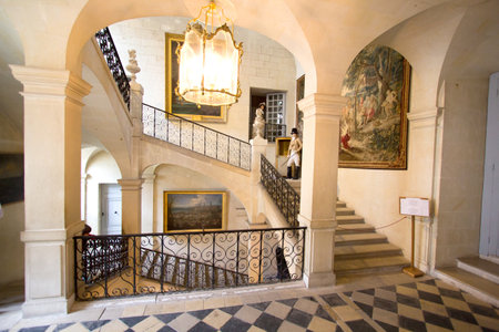 D'USSE, FRANCE - 27 AUGUST 2015: Royal castle of d'Usse, Loire Valley, France. Castle from the inside, wax figurines from fairytalesのeditorial素材