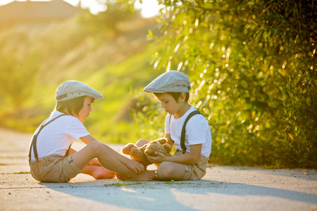 Sweet children, boy brothers, playing with teddy bear on a small rural path on sunset, summertimeの写真素材