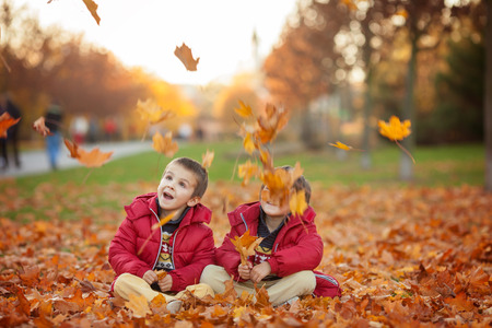 Two kids, boy brothers, playing with leaves in autumn park, sunny afternoonの写真素材