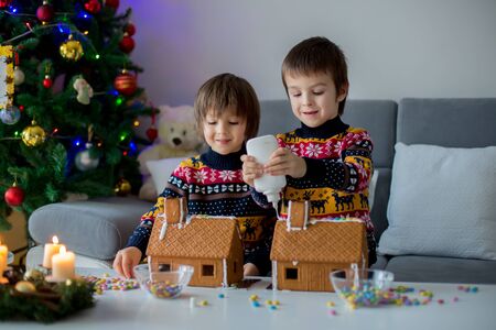 Adorable preschool children, boy brothers, decorating gingerbread houses for Christmas at home, christmas tree behind themの写真素材