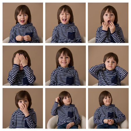 Cute collage of a young boy isolated on beige backgroundの写真素材