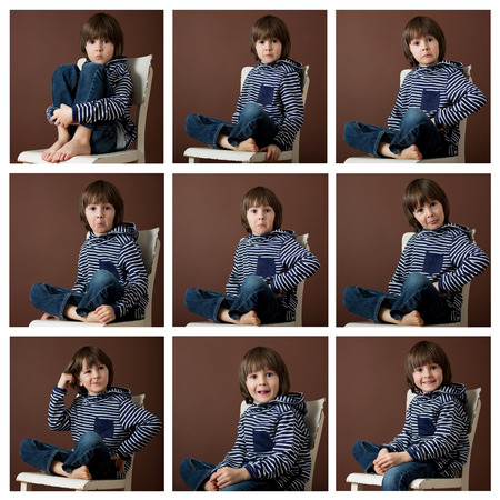Cute collage of a young boy isolated on brown backgroundの写真素材
