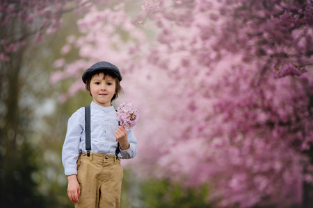 Beautiful young preschool boy, standing in a cherry blossom garden, holding flower, vintage outfit, smiling happily, spring childhood happiness conceptの写真素材