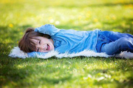 Cute little child, boy with duckling springtime, playing together, little friend, childhood happinessの写真素材
