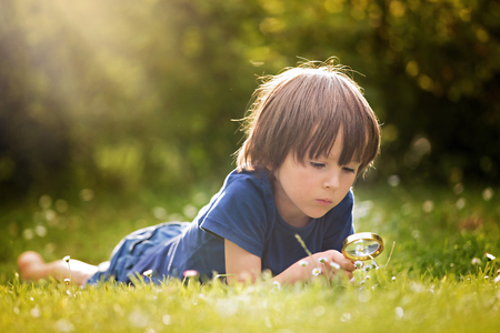 Beautiful happy child, boy, exploring nature with magnifying glass, summertimeの写真素材