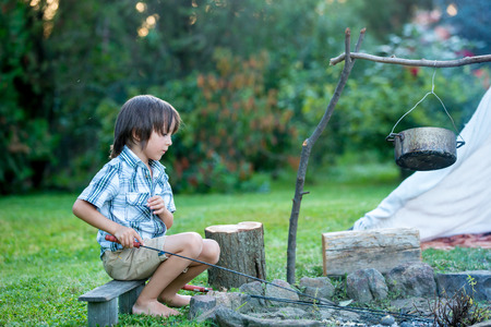 Two sweet children, boy brothers, camping outside summertime on sunset, eating potatoesの写真素材