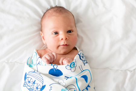 Cute newborn baby boy, lay in bed and looking curiously at camera at homeの写真素材