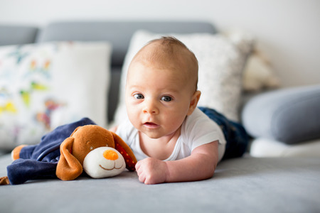 Adorable little baby boy, playing with toy, looking curiously at cameraの写真素材