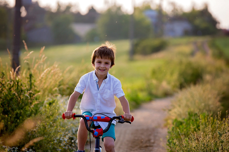 Sporty children, boy brothers, riding bikes on a rural landscape together on sunsetの写真素材
