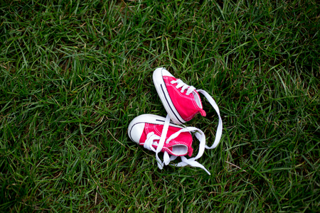 Red baby toddlers sneakers on the grassの写真素材