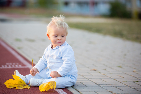 Cute blond toddler baby boy walking in autumn park with plush toy in hands, back litの写真素材