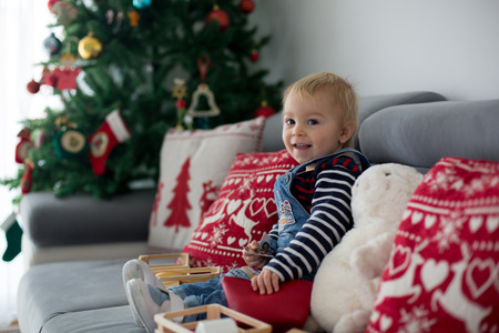 Cute toddler boy, sitting on sofa, reading a book in front of Christmas tree at homeの写真素材