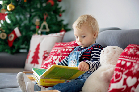 Cute toddler boy, sitting on sofa, reading a book in front of Christmas tree at homeの写真素材