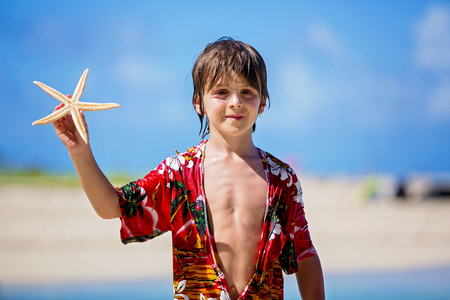 Children playing with starfish, kids happiness playful beach summer conceptの写真素材
