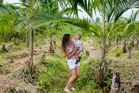 Happy people, children, enjoying field with palm trees on Mauritius island, kids playingの写真素材
