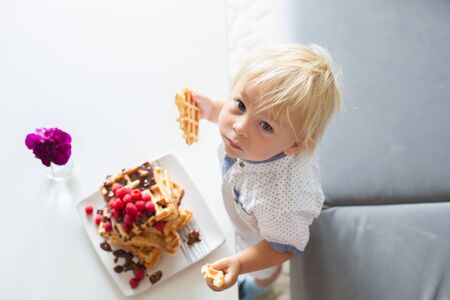 Sweet toddler birthday boy, eating belgian waffle with raspberries and chocolate at homeの写真素材