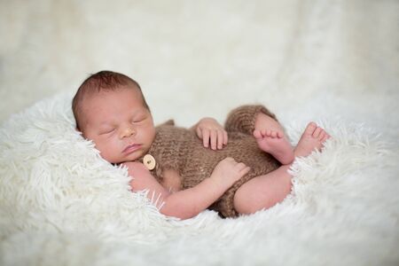 Cute newborn baby sleeps with a toys, teddy bears around himの写真素材