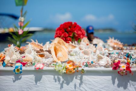 Floating table shop with souvenirs for tourists to buy in Indian ocean in Mauritiusの写真素材